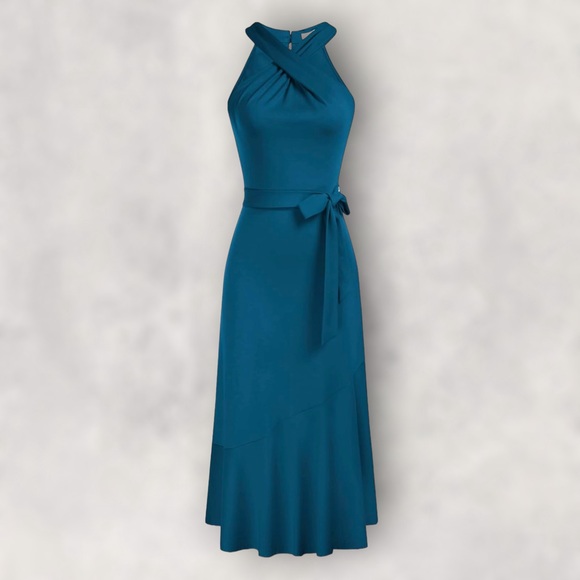 JASAMBAC Midi Criss Cross Halter Neck Sleeveless Ruffle Hem Dress with Belt - Picture 5 of 7
